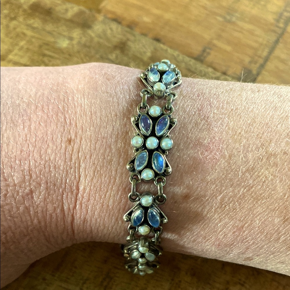 Vintage Moonstone and Pearl Sterling Silver Bracelet Stamped “India”